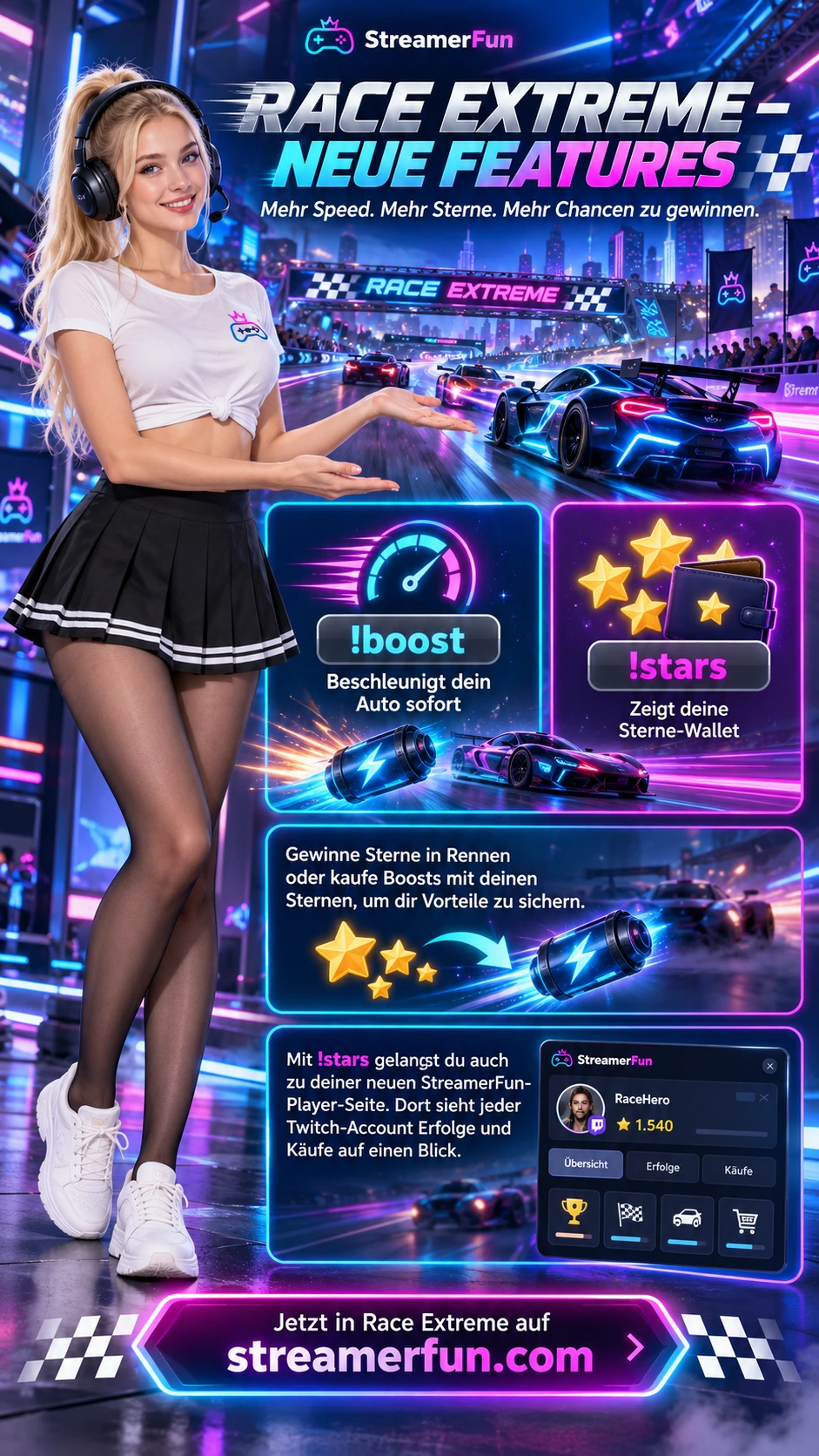 RaceXtreme – neue !boost- und !stars-Funktionen, Sterne-Wallet und StreamerFun Player-Seite